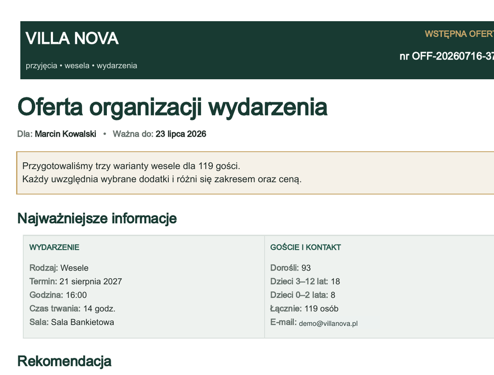 Przykładowa oferta eventowa wygenerowana przez system