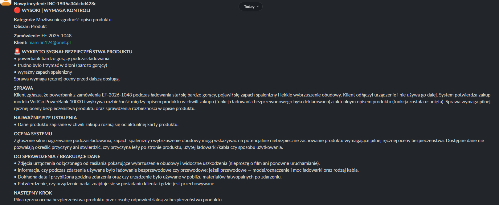 Raport incydentu bezpieczeństwa produktu na Slacku
