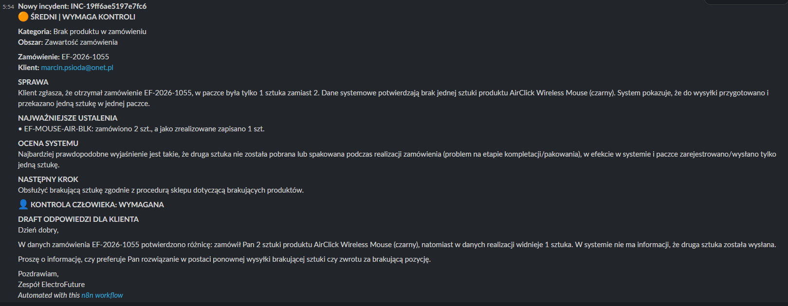 Slack: brak produktu w zamówieniu
